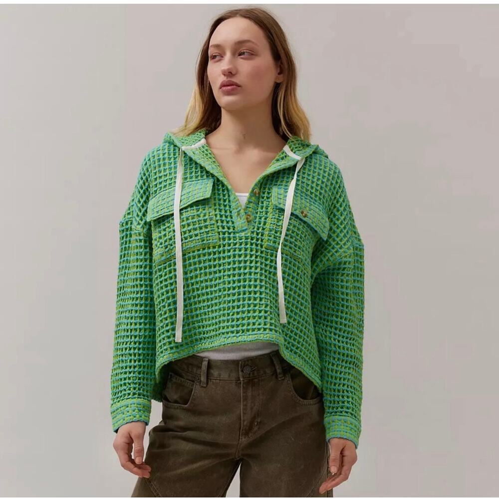BDG Baja Stanley Waffle Hooded Printed Button Pocket Sweatshirt - Green Multi